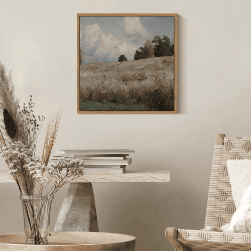 Square Framed Canvas Wall Art – Vintage Grassland Farmhouse Landscape