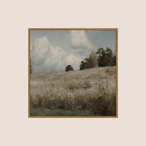 Square Framed Canvas Wall Art – Vintage Grassland Farmhouse Landscape
