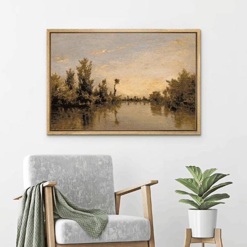 Framed Canvas Wall Art – Vintage Sunset Forest & Lake Landscape Print