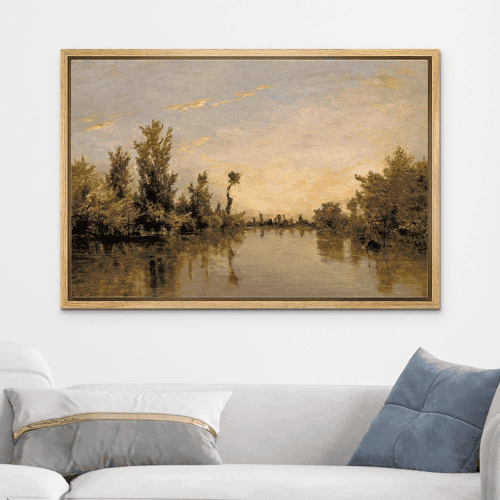 Framed Canvas Wall Art – Vintage Sunset Forest & Lake Landscape Print