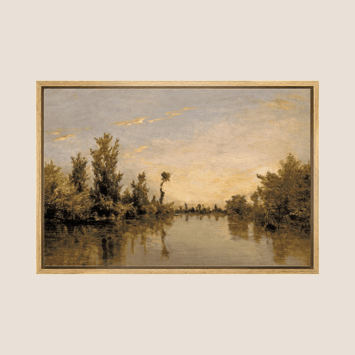 Framed Canvas Wall Art – Vintage Sunset Forest & Lake Landscape Print