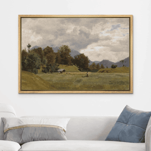 Framed Canvas Wall Art – Retro Countryside Village & Nature Landscape Print