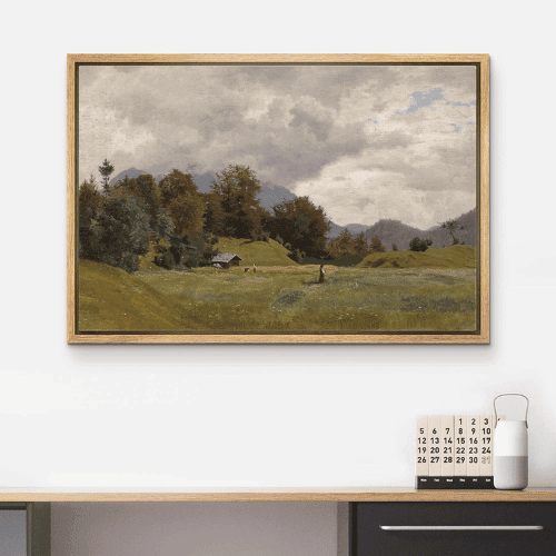 Framed Canvas Wall Art – Retro Countryside Village & Nature Landscape Print