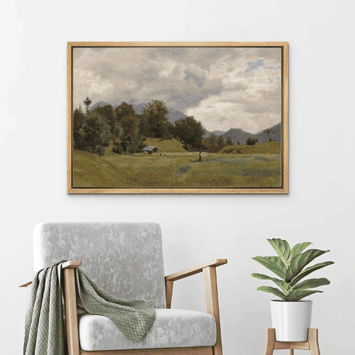 Framed Canvas Wall Art – Retro Countryside Village & Nature Landscape Print