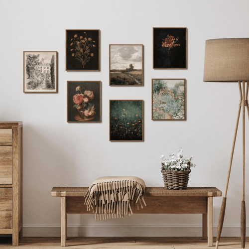 Dark Moody Floral Framed Wall Art – Vintage Botanical Wildflower Canvas Print