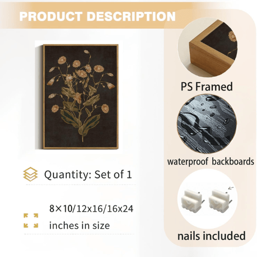 Dark Moody Floral Framed Wall Art – Vintage Botanical Wildflower Canvas Print