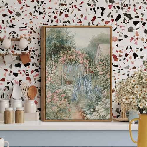 Vintage French Country Floral Framed Art – Rustic Cottage Landscape Canvas Print