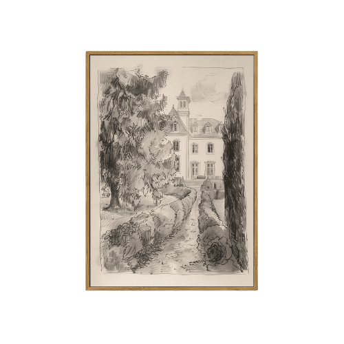 Vintage French Country Sketch Framed Art – Neutral Landscape Architecture Canvas Print