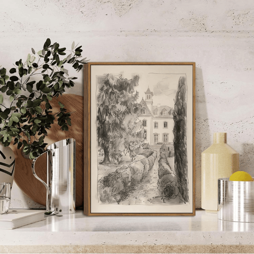 Vintage French Country Sketch Framed Art – Neutral Landscape Architecture Canvas Print