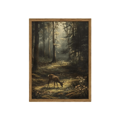 Vintage Forest Deer Framed Wall Art – Rustic Woodland Nature Landscape
