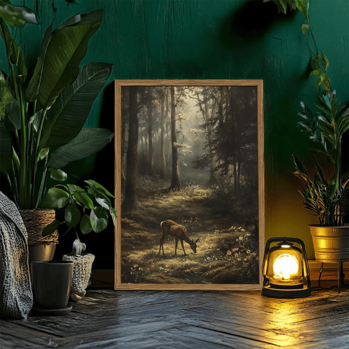 Vintage Forest Deer Framed Wall Art – Rustic Woodland Nature Landscape