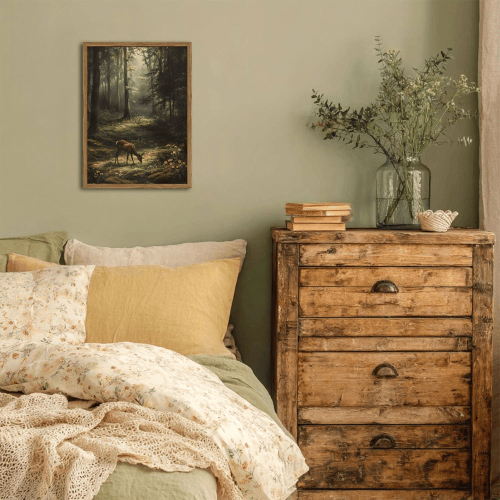 Vintage Forest Deer Framed Wall Art – Rustic Woodland Nature Landscape