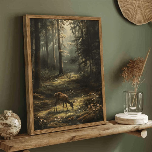 Vintage Forest Deer Framed Wall Art – Rustic Woodland Nature Landscape