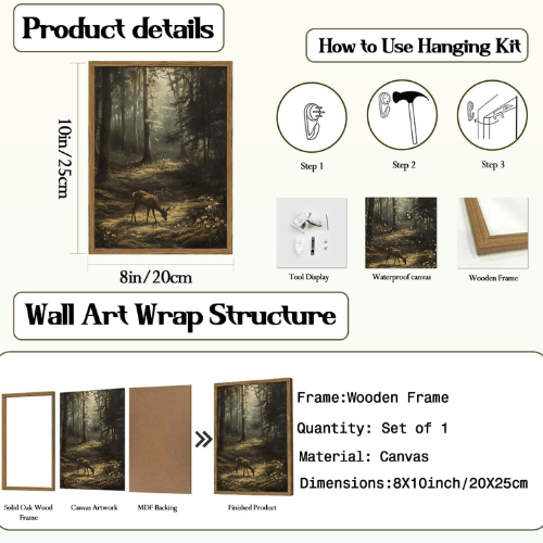 Vintage Forest Deer Framed Wall Art – Rustic Woodland Nature Landscape