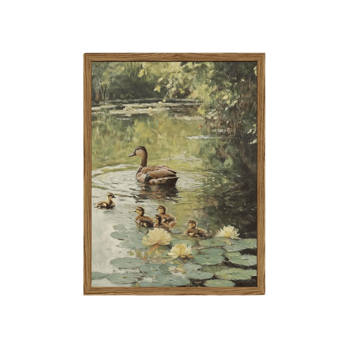Vintage Duck Family Framed Wall Art – Rustic Pond Nature Landscape