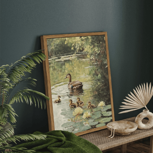Vintage Duck Family Framed Wall Art – Rustic Pond Nature Landscape