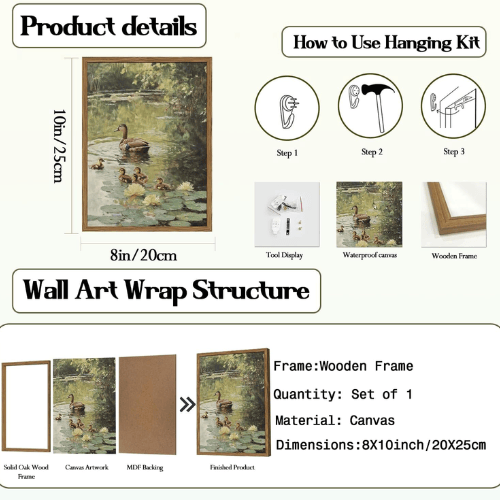 Vintage Duck Family Framed Wall Art – Rustic Pond Nature Landscape