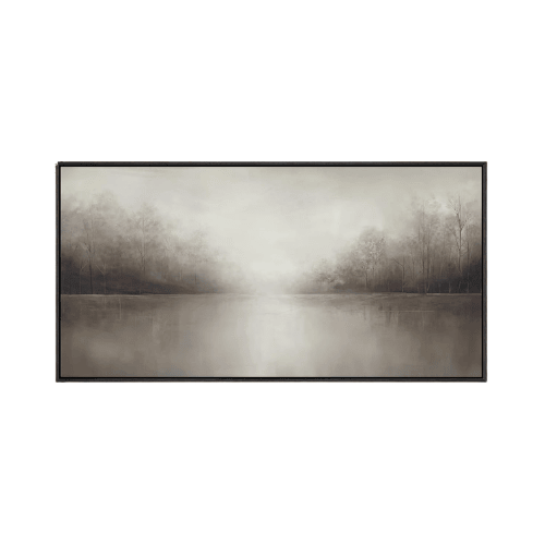 Framed Misty Lake Landscape – Horizontal Neutral Tree Silhouette Wall Art