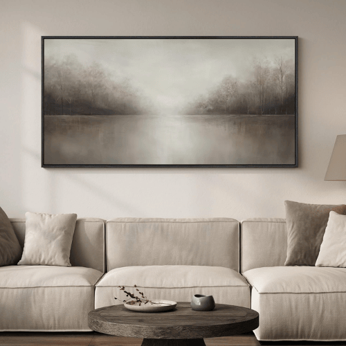 Framed Misty Lake Landscape – Horizontal Neutral Tree Silhouette Wall Art