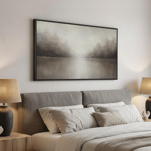 Framed Misty Lake Landscape – Horizontal Neutral Tree Silhouette Wall Art