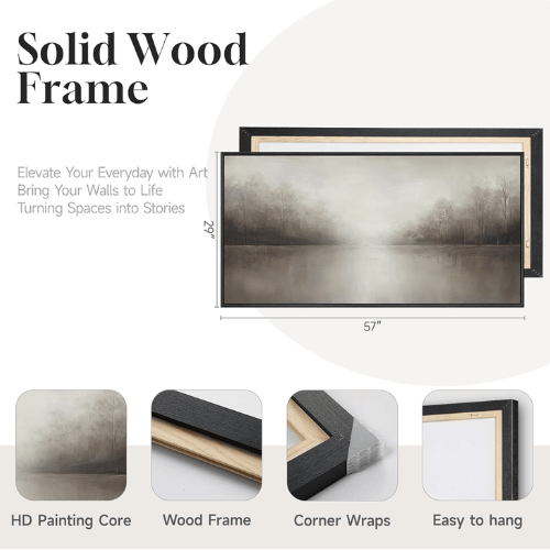Framed Misty Lake Landscape – Horizontal Neutral Tree Silhouette Wall Art