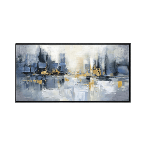 Modern Blue & Gold Abstract Cityscape – Framed Horizontal Skyline Artwork