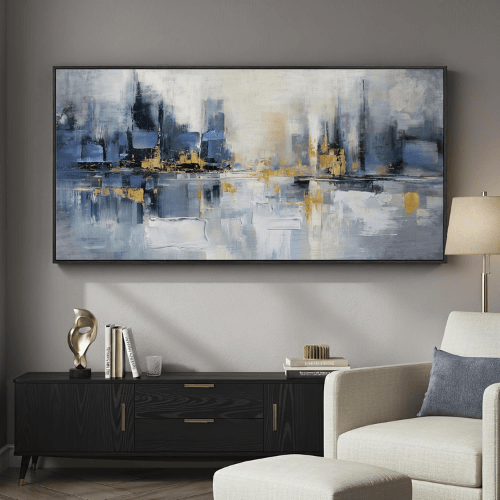 Modern Blue & Gold Abstract Cityscape – Framed Horizontal Skyline Artwork
