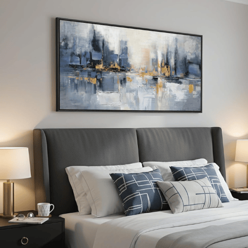 Modern Blue & Gold Abstract Cityscape – Framed Horizontal Skyline Artwork