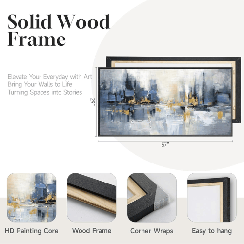 Modern Blue & Gold Abstract Cityscape – Framed Horizontal Skyline Artwork