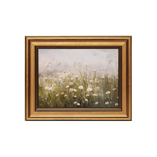 "Morning Meadow" Vintage Gold Framed Art – Aesthetic Wildflower Field Oil Painting