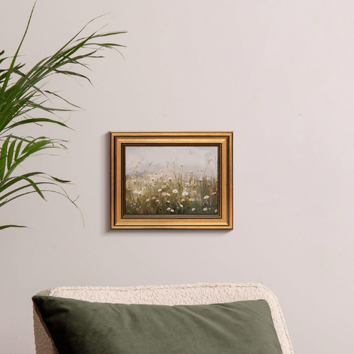 "Morning Meadow" Vintage Gold Framed Art – Aesthetic Wildflower Field Oil Painting