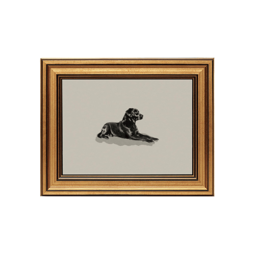 Classic Black Dog Vintage Gold Framed Art – Minimalist Animal Oil Painting