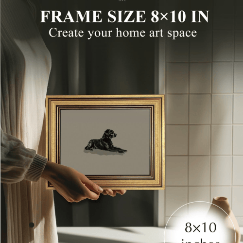 Classic Black Dog Vintage Gold Framed Art – Minimalist Animal Oil Painting