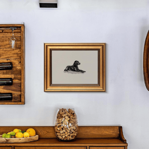 Classic Black Dog Vintage Gold Framed Art – Minimalist Animal Oil Painting