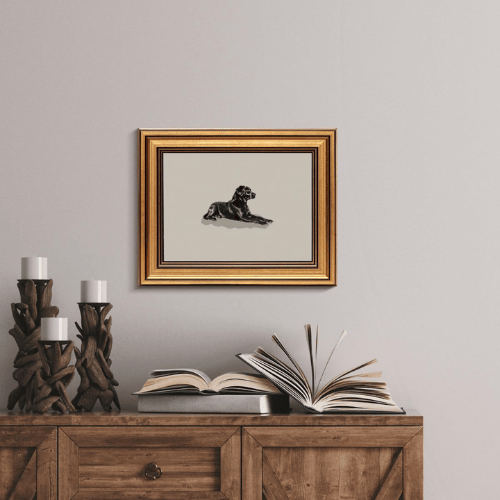Classic Black Dog Vintage Gold Framed Art – Minimalist Animal Oil Painting
