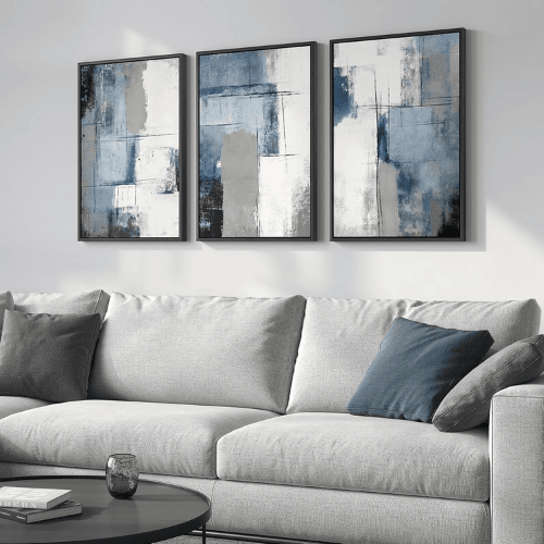Modern Minimalist 3-Piece Framed Abstract Set – Navy Blue & Grey Color Block Canvas