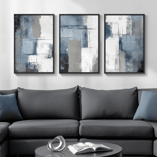 Modern Minimalist 3-Piece Framed Abstract Set – Navy Blue & Grey Color Block Canvas