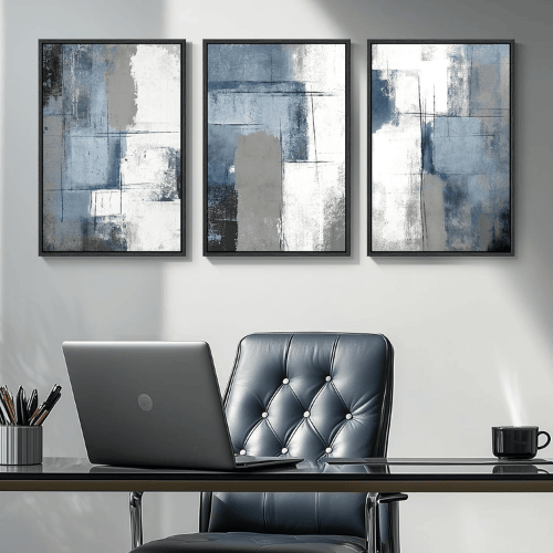 Modern Minimalist 3-Piece Framed Abstract Set – Navy Blue & Grey Color Block Canvas