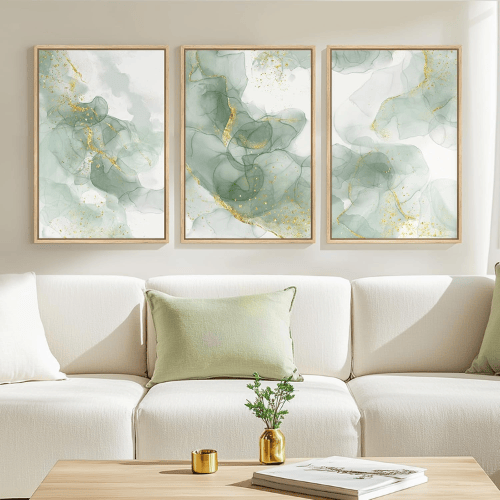 Modern Sage Green & Gold 3-Piece Framed Set – Minimalist Fluid Abstract Canvas