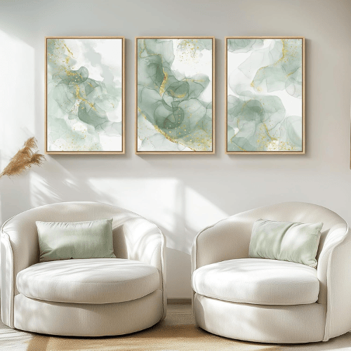 Modern Sage Green & Gold 3-Piece Framed Set – Minimalist Fluid Abstract Canvas