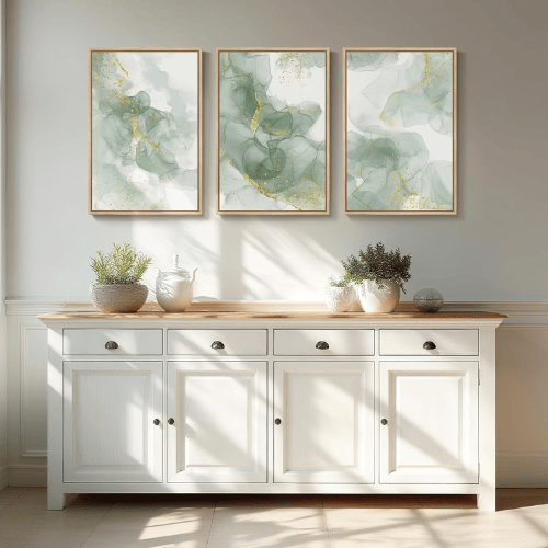Modern Sage Green & Gold 3-Piece Framed Set – Minimalist Fluid Abstract Canvas
