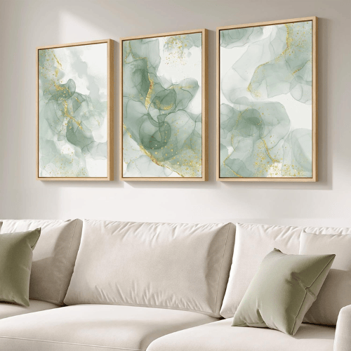 Modern Sage Green & Gold 3-Piece Framed Set – Minimalist Fluid Abstract Canvas