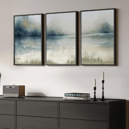 Modern Misty Lake 3-Piece Framed Set – Blue Watercolor Abstract Landscape