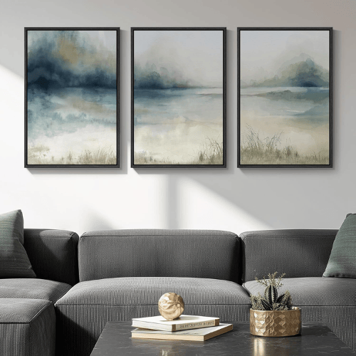 Modern Misty Lake 3-Piece Framed Set – Blue Watercolor Abstract Landscape