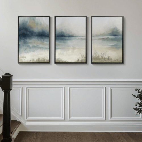 Modern Misty Lake 3-Piece Framed Set – Blue Watercolor Abstract Landscape