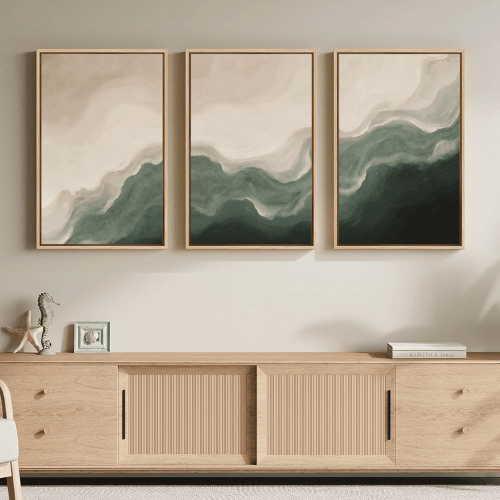 Modern Sage & Beige 3-Piece Framed Set – Minimalist Organic Wave Canvas