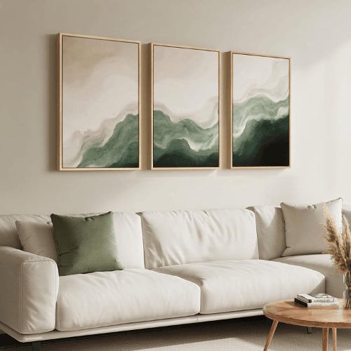 Modern Sage & Beige 3-Piece Framed Set – Minimalist Organic Wave Canvas