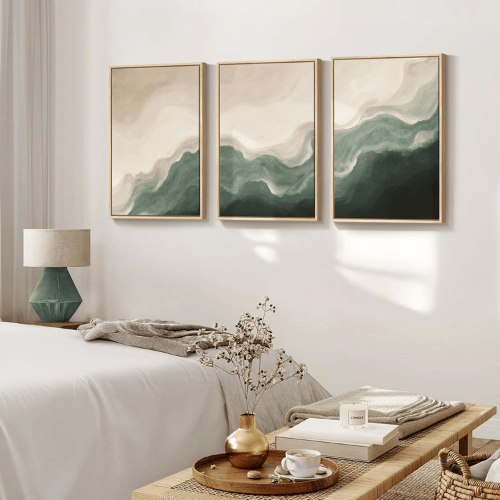Modern Sage & Beige 3-Piece Framed Set – Minimalist Organic Wave Canvas