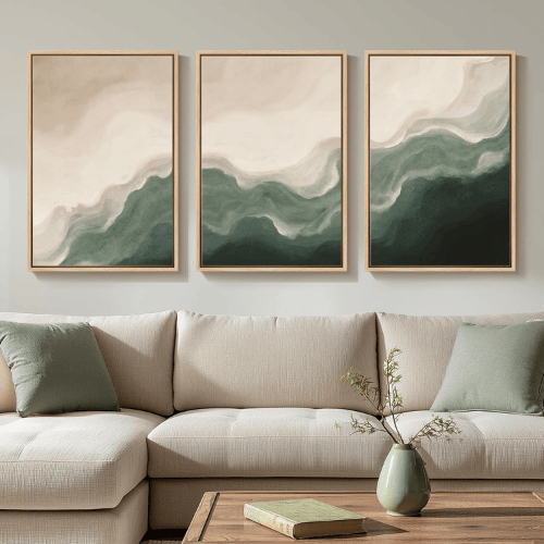 Modern Sage & Beige 3-Piece Framed Set – Minimalist Organic Wave Canvas