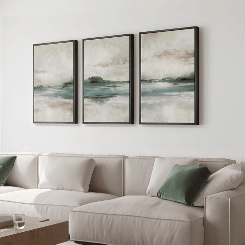 Modern Misty Lake 3-Piece Framed Set – Soft Blue & Green Watercolor Abstract